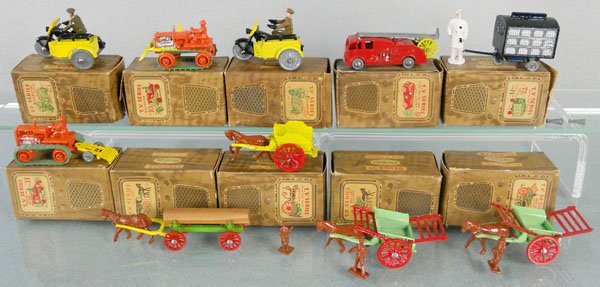 10 BENBROS VEHICLES: die cast, 2 #3 AA Motorcycles, 10 Bulldozer, 9 Fire Engine & Ladder, 7 Electric Milk Trolley, 11 Tractor & Hay Rake, 2 Log Cart, 6 Milk Cart, horse & churns, 2 #1 Hay Carts, orig boxes, 6 minor wear,