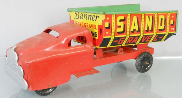BANNER 670 SAND & GRAVEL DUMP TRUCK: litho tin, 13" long, C7.