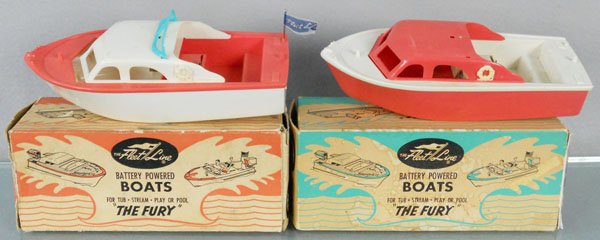 2 FLEET LINE THE FURY BOATS: plastic, 9" long, battery operated, not tested, both are incom, orig boxes worn, C6.