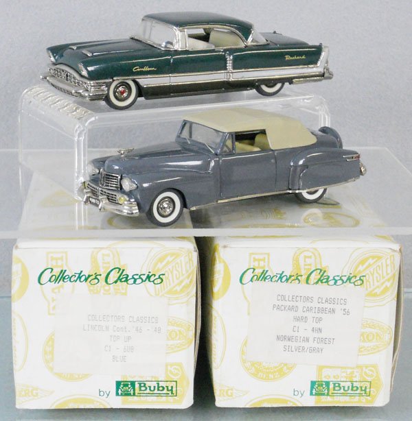 2 COLLECTOR'S CLASSICS CARS: die cast, 1946 Lincoln Continental, 1956 Packard Caribbean, orig boxes, C9.