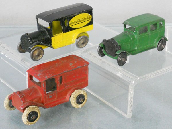 3 TOOTSIETOY VEHICLES: 4630 Hochschild & Kohn & Co, w/broken fender tip, repainted, 6665 Model A, w/Johillco copy of a Federal Van, C5-6.