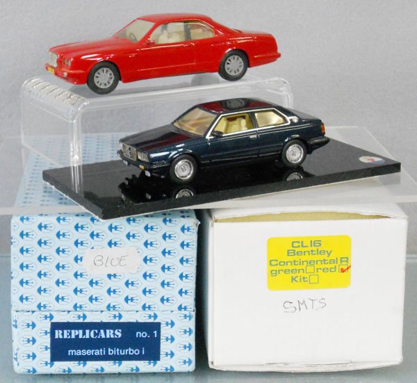 2 WHITE METAL AUTOS: Cheshire Bentley Continental R Type, Replicars Maserati Biturbo I on plastic base, orig boxes, C9.