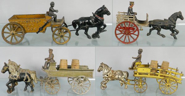 4 HORSE-DRAWN CARRIAGES: painted cast iron, Arcade Contractor's Dump Wagon, 14" long, Cart, 9 1/2" long, missing rear gate, Delivery Cart, 14 1/2" long, repainted, Wilkins Dray, 13 1/2" long, w/mismatched drivers, C1-3.