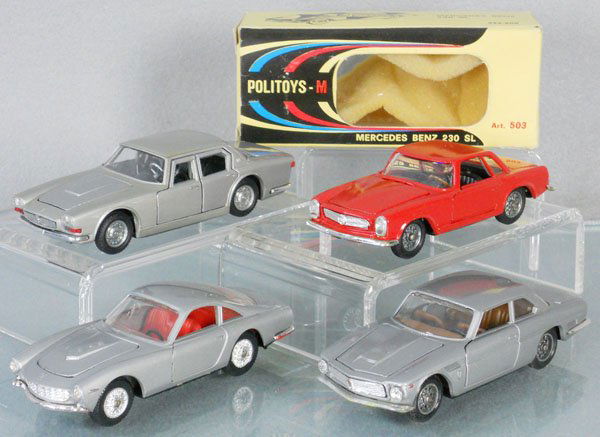 4 POLITOYS AUTOS: 541 Maserati, 503 Mercedes Benz, 515 Iso Rivolta, 504 Ferrari, 1 orig box only, C7-9.