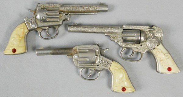 3 STEVENS CAP PISTOLS: cast iron, The Sheriff, 8 1/2" long, Buffalo Bill, 7 3/4" long, The 49-er, 9" long, working, C6-7.
