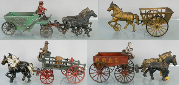 4 HORSE-DRAWN VEHICLES: painted cast iron, Arcade Contractor's Dump Wagon, 13" long, Hay Cart, 10" long, Kenton Dray, 15" long, Hubley Coal Wagon, 13" long, w/mismatched drivers, C1-3.