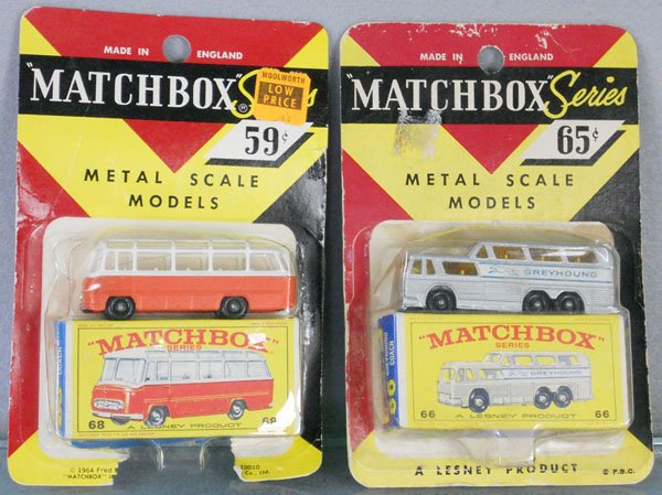 2 MATCHBOX VEHICLES: 68B2 Mercedes Coach, 66C2 Greyhound Bus, factory sealed on orig cards, 1 card some wear, other card worn & incom, C10.