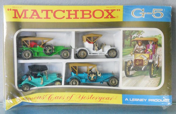MATCHBOX MOY G5C1 FAMOUS CARS OF YESTERYEAR: 1969, contains Y4C3, Y9B1, Y12B2, Y14B2, orig box, corners crushing in shrinkwrap, shrinkwrap torn on top, C10.