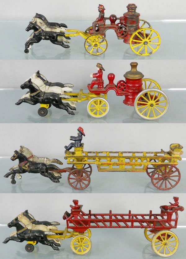 4 KENTON FIRE ENGINES: painted cast iron, 2 Pumpers, 10" to 13" long, 2 Ladder Wagons, 15" to 16" long, 1 has a broken hitch, missing ladders, standards & 1 driver, C4-5.