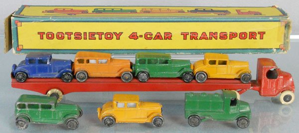 TOOTSIETOY 190X AUTO TRANSPORT: w/2 extra Buicks & Tanker, orig box rough, C5-7.