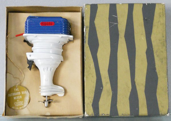 SWANK OUTBOARD MOTOR BAR MIXER: die cast, 5 3/4" tall, battery operated, not tested, orig box & insert minor wear, C9.
