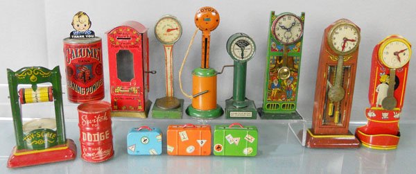TIN TOY LOT: litho tin, 3 Clocks, 3 Scales, Gas Pump, 3 Still Banks, 3 pieces of Luggage, C5-8.