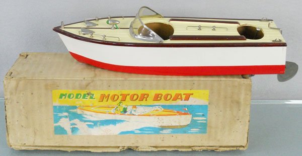 SW MOTOR BOAT: wood, 12" long, battery operated, not tested, missing propeller, motor is loose, orig box worn, C8.