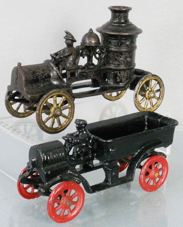 2 HUBLEY TRUCKS: painted cast iron, Pumper, 6 1/2" long, Dray, 6" long, repainted, C4-5.