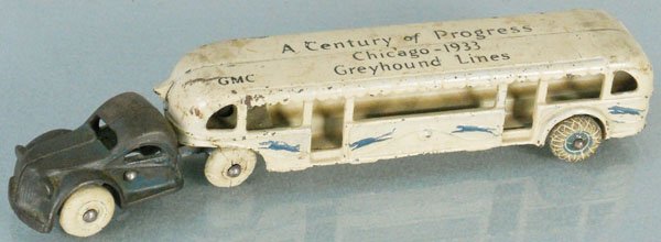 ARCADE GMC BUS: painted cast iron, Century of Progress 1933, 10" long, rubber tires worn, C4-5.