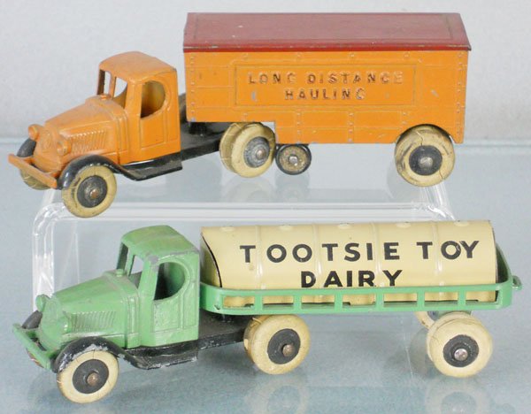 2 TOOTSIETOY MACK TRUCKS: 803 Moving Van, tires cracked, 805 Dairy Truck, C5-6.