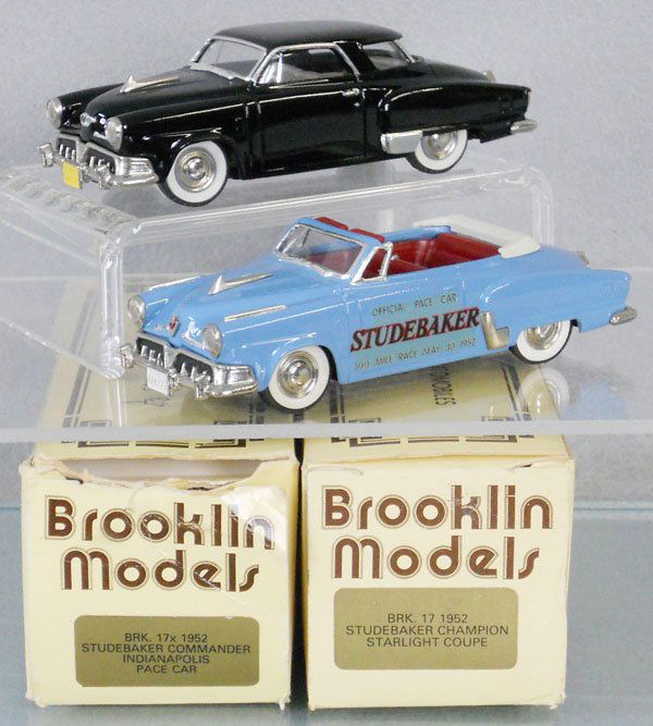 2 BROOKLIN MODELS 1952 STUDEBAKERS: white metal, Champion Starlight Coupe, Commander Indy Pace Car, orig boxes minor wear, 1 end flap torn, C5.