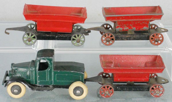TOOTSIETOY 191 CONTRACTOR'S SET: Mack Truck & 3 Dump Cars, 1 dump car repainted, C5.