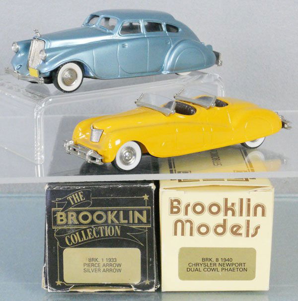 2 BROOKLIN MODELS: white metal, 1933 Pierce Arrow Silver Arrow, 1940 Chrysler Newport Dual Cowl Phaeton, orig boxes minor wear, C9.