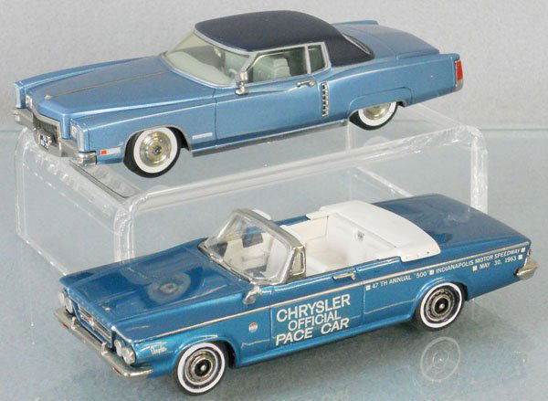 2 WHITE METAL MODELS: AMR 163 1971 Cadillac Eldorado, missing hood ornament, Toys for Collectors 1963 Chrysler 300 Official Pace Car, C9.