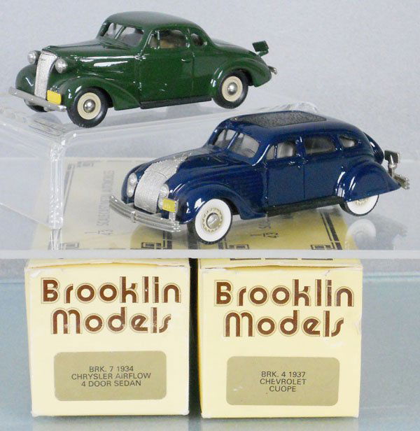 2 BROOKLIN MODELS: white metal, 1934 Chrysler Airflow, 1937 Chevy Coupe, orig boxes minor wear, C9.