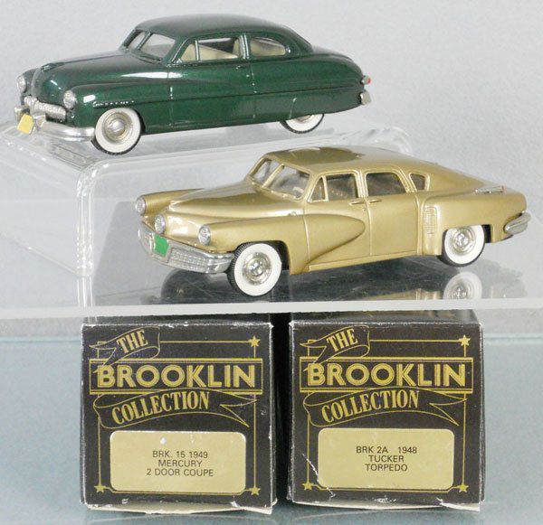2 BROOKLIN MODELS: white metal, 1949 Mercury Coupe, 1948 Tucker Torpedo, orig boxes minor wear, C9.