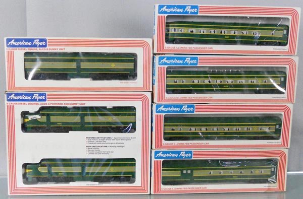 AMERICAN FLYER ERIE TRAIN SET: S ga, 8251 Alco AA diesels w/8252 B unit w/horn, w/cars 9504, 9505, 9506, 9507, orig boxes minor wear, C9.
