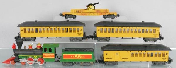 AMERICAN FLYER FRANKLIN TRAIN SET: S ga, 88 loco & tender, 40 combine, 2 #20 Pullmans, 65 cannon car, missing 1 fence section, C5-6.