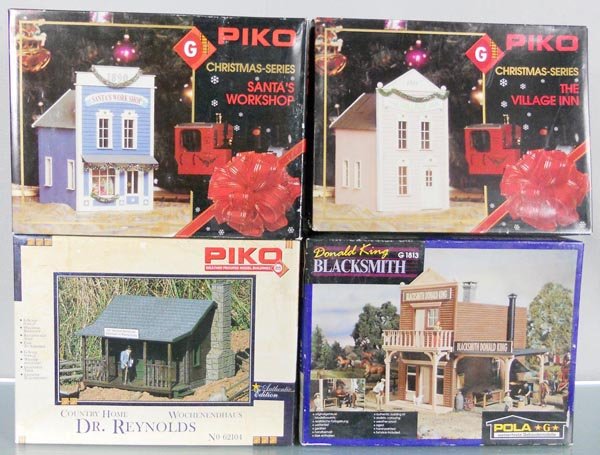 4 LGB PIKO BUILDING KITS: G ga, 62200 Santa's Workshop, 62202 Village Inn, 62104 Dr. Reynold's Home, 1813 Blacksmith, unassembled, orig boxes minor wear, C9.