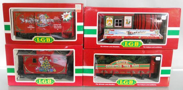 4 LGB CHRISTMAS CARS: G ga, 43352, w/sound, 31420, 44650, 41120, orig boxes & inserts, C9-10.