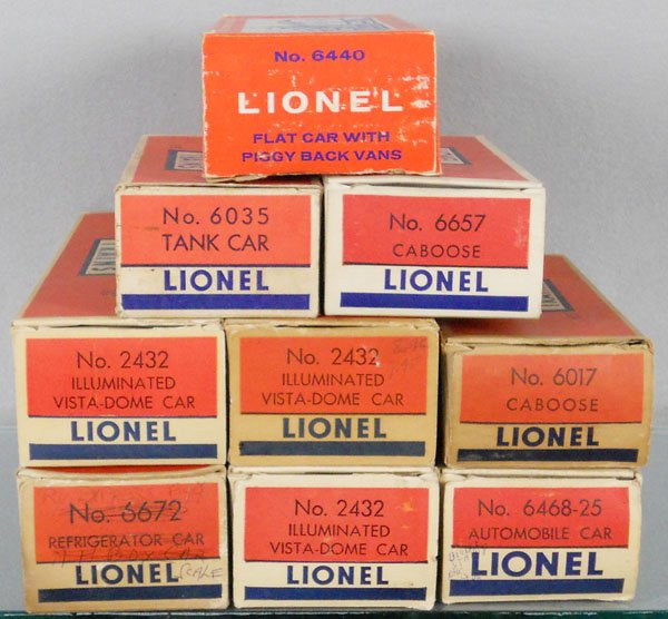 9 EMPTY LIONEL ORIG BOXES: O ga, 3 #2432, 6657, 6107, 6035, 6440, 6468-25, 6672, graffiti on ends, all have their end flaps, C5-6.