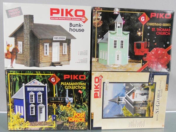 4 LGB PIKO BUILDING KITS: G ga, 62224 Bunk House, 62203 St. Thomas Church, 62213 Post Office, 62229 St. George Church, unassembled, orig boxes minor wear, C9.