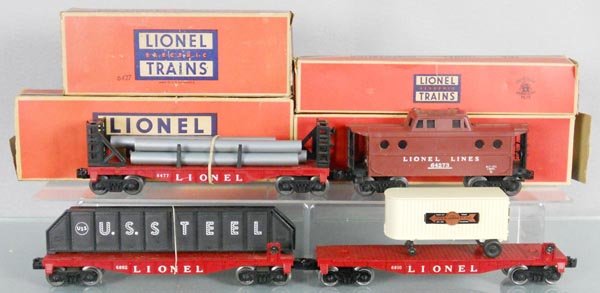 4 LIONEL FREIGHT CARS: O ga, 6477 miscellaneous car, 6427 caboose, 6802 flat w/girders, 6810 flat w/van, orig boxes rough, C6-7.