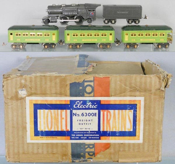 LIONEL 6300 TRAIN SET: O ga, 259E loco, 1689T tender, 2 #607 Pullmans, 608 obsv, orig boxes & set box worn or rough, C6.