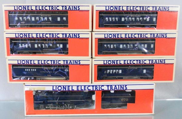 LIONEL WABASH TRAIN SET: O ga, 8610 loco & tender, w/sound & smoke, w/cars 7228, 7229, 7227, 7230, 7231, 7232, orig boxes, loco box has minor wear, C9-10.