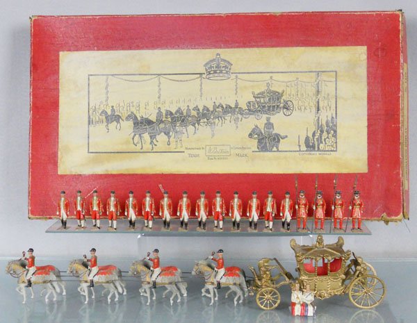 BRITAINS 1476 CORONATION COACH DISPLAY SET: prewar, w/King George & Queen Elizabeth, 18 coach attendants, King's scepter broken, orig box & some inserts, worn, C7-8.