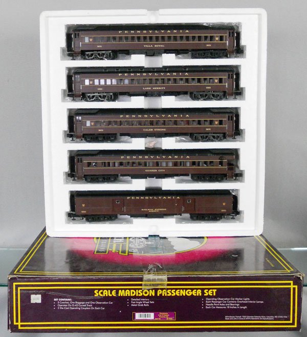 MTH 20-4023 PRR MADISON CAR SET: O ga, 5 cars, orig boxe & insert minor wear, C9.