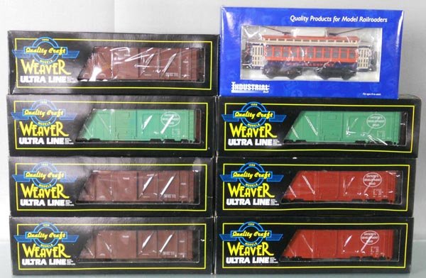 WEAVER & INDUSTRIAL TRAIN LOT: O ga, 7 Weaver Canadian freight cars, Industrial 1403 trolley, orig boxes, C9-10.