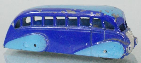 DINKY 29B STREAMLINED BUS: 2-tone blue, w/cast rear window, all tires flat, C6.