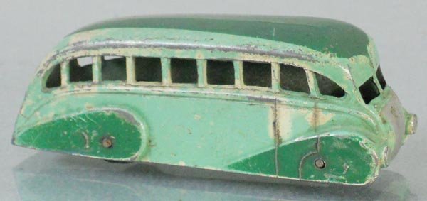 DINKY 29B STREAMLINED BUS: 2-tone green, w/some cream overpaint, w/cut out rear window, C5.