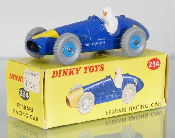 DINKY 234 FERRARI RACING CAR: blue & yellow, flat grille, blue plastic hubs, orig box, C9.