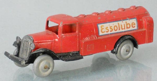 FRENCH DINKY 25D ESSO TANKER: red & black w/metal wheels, open chassis, 3 fenders have chips, 1 bumper end broken, decals chipped, C6-7.