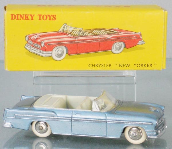 FRENCH DINKY 24A CHRYSLER NEW YORKER CONVERTIBLE: metallic blue w/white interior, orig box minor wear, C8-9.