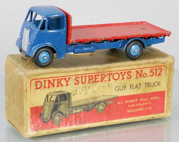 DINKY 512 GUY FLAT TRUCK: blue & red, orig box worn, C7.