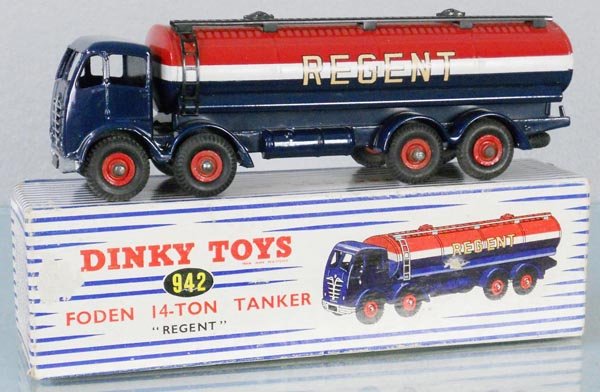 DINKY 942 FODEN REGENT TANKER: red, white & blue, 2 touch up spots on white stripe, small dent on tank end, orig box minor wear, C8.