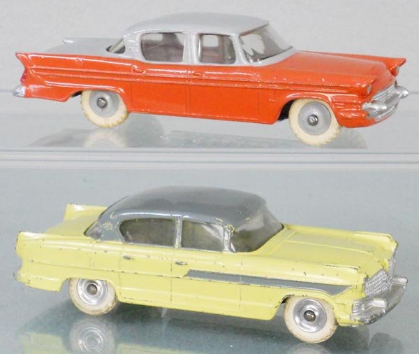 2 DINKY AUTOS: 180 Packard Clipper, gray & orange, 174 Hudson Hornet, yellow & gray, C6-7.