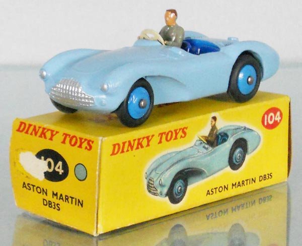 DINKY 104 ASTON MARTIN DB3S: blue, orig box some wear, missing 1 inner flap, C9.