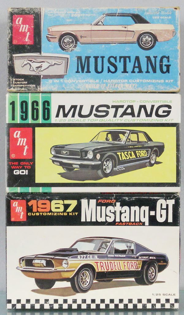 3 AMT MUSTANG MODEL KITS: 6167-200, 6156-150, 6154-150, unassembled, appear complete, orig boxes minor wear, 1 worn, C9-10.
