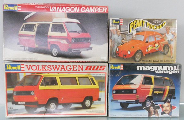 4 REVELL VOLKSWAGEN MODEL KITS: 2 are sealed in orig boxes, 1 shrinkwrap tear, other 2 are unassembled & appear complete, orig boxes some wear, C9-10.