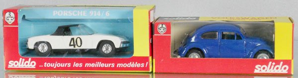 2 SOLIDO AUTOS: 36 Porsche 914/6, #10 Volkswagen Beetle, orig boxes, C9.